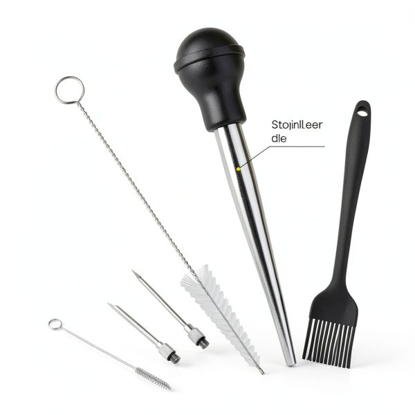 Turkey Baster MEWMET Stainless Steel with Injector & Cleaning Brushes-1